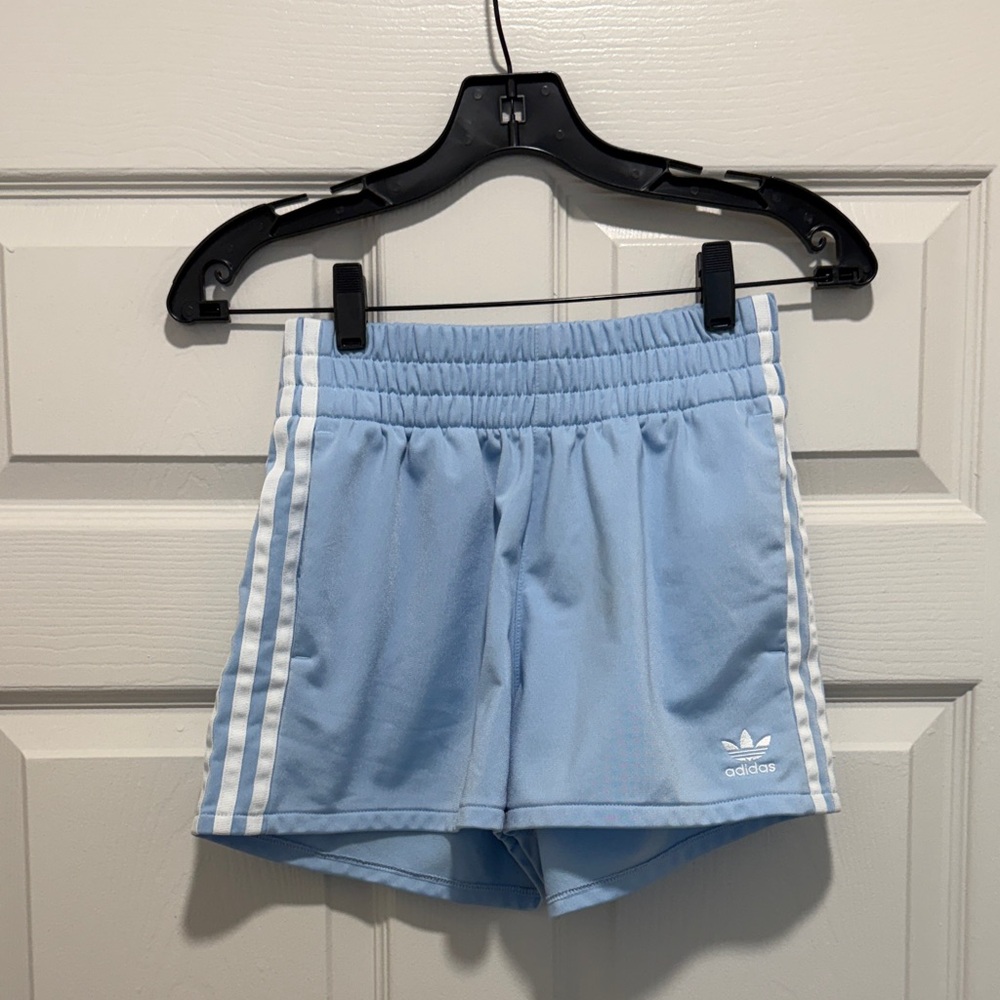 adidas Women's Sky Blue Athletic Shorts with White Stripes